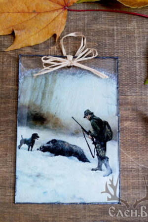 ловна картичка с ловец, глиган и ловно куче